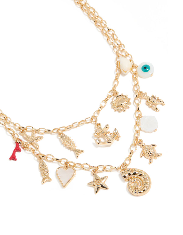 Gold Ocean Charm Layered Necklace