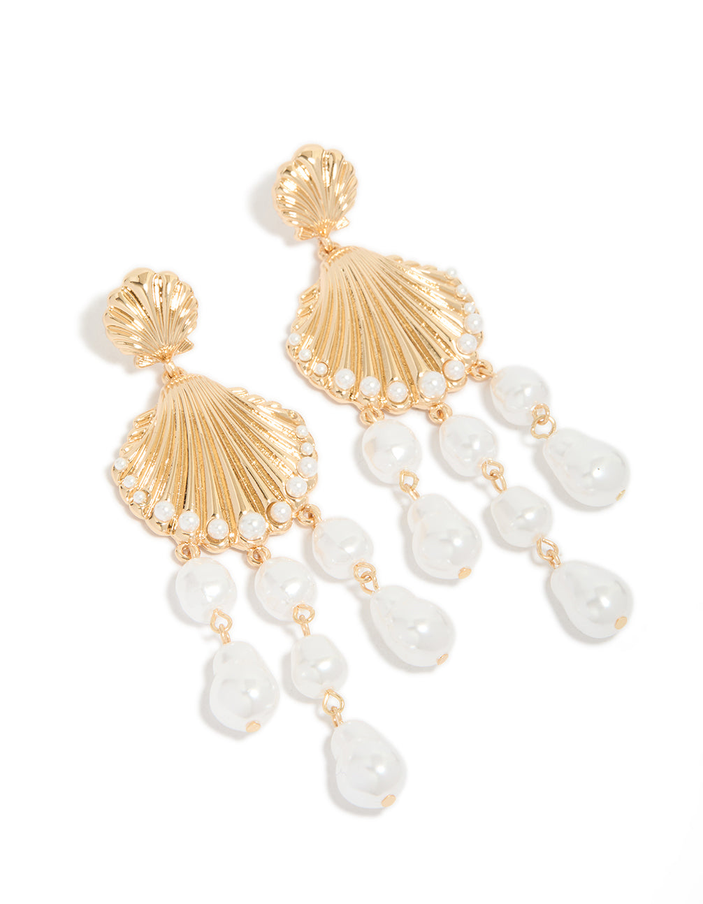 Gold Ribbed Shell & Pearls Drop Earrings