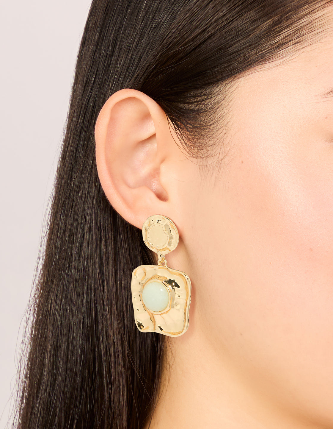 Gold Green Stone Molten Square Drop Earrings