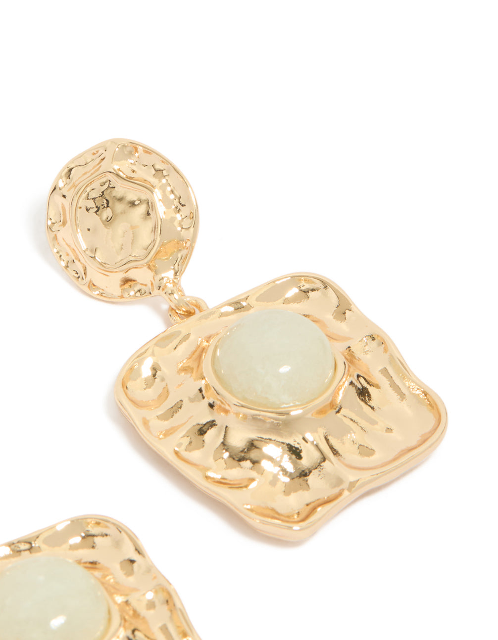 Gold Green Stone Molten Square Drop Earrings