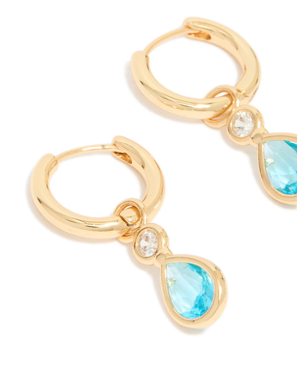 Gold Plated Blue Cubic Zirconia Teardrop Huggie Earrings