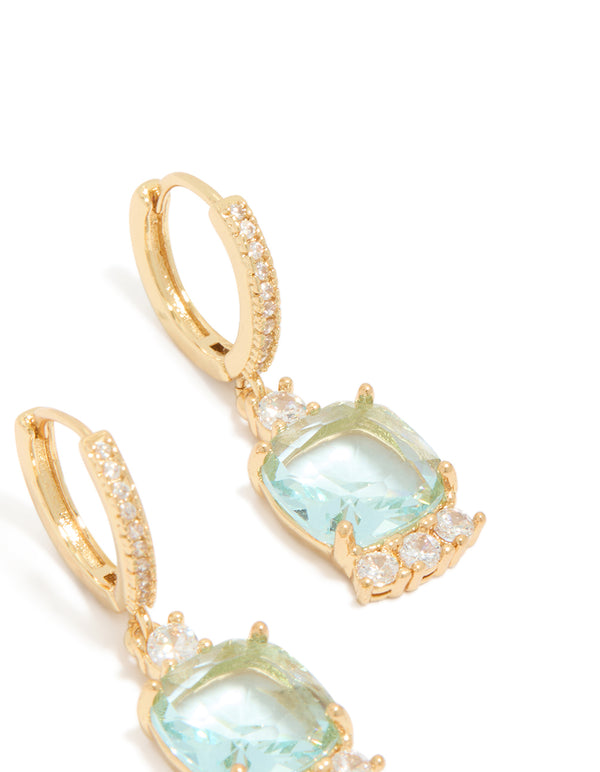 Elegant gold plated blue square cubic zirconia huggie earrings featuring aqua and clear stones post detail view