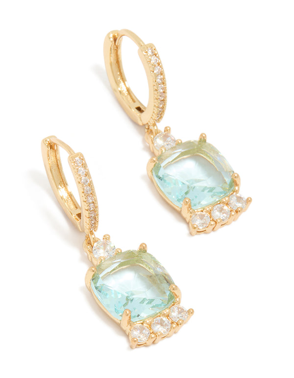 Showcasing gold plated blue square cubic zirconia huggie earrings with aqua and clear accents front view