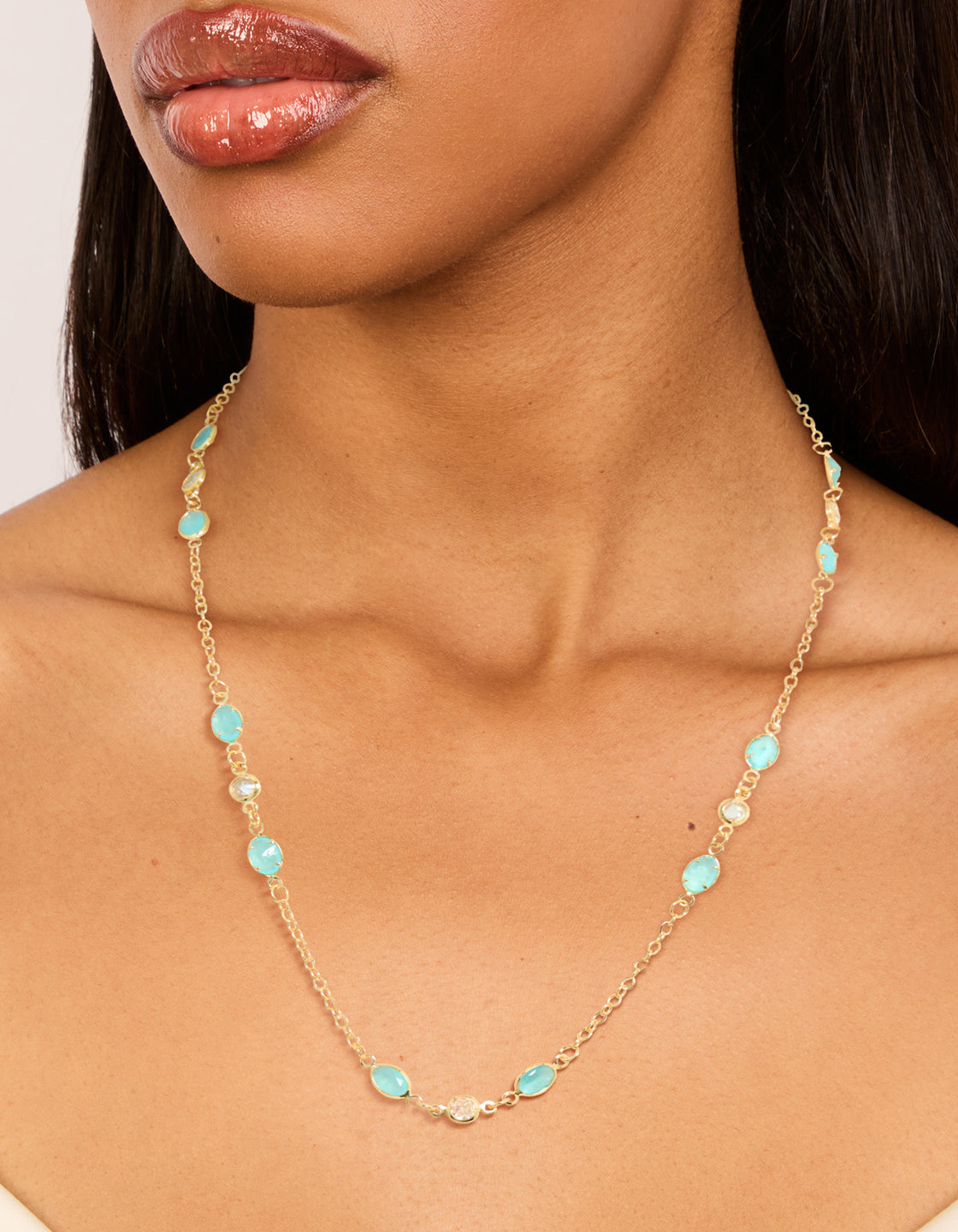 Gold Plated Blue Cubic Zirconia Oval Stone Necklace