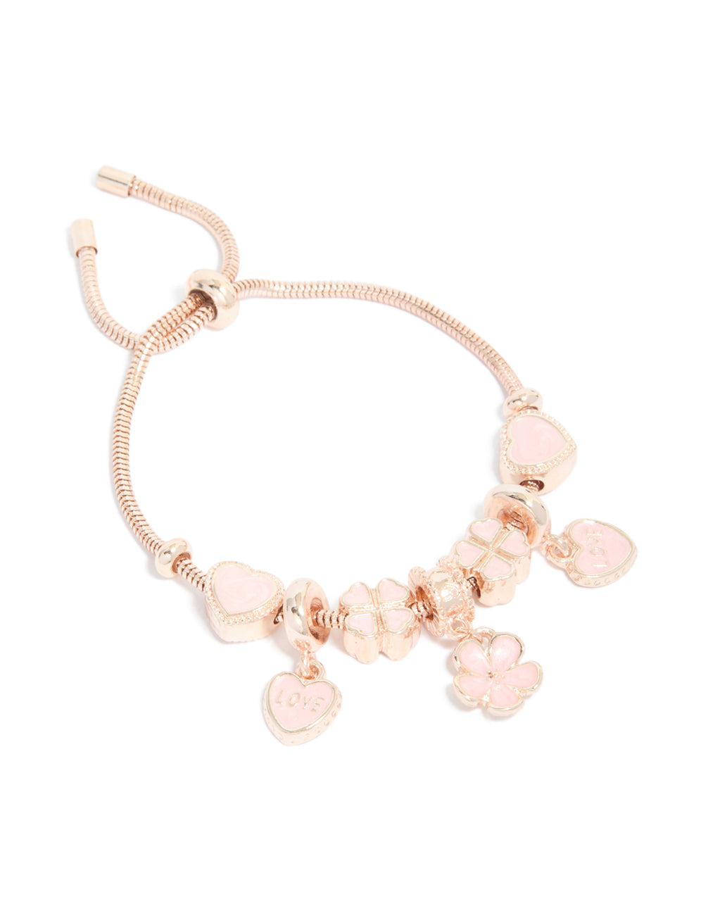 Rose Gold Flower & Heart Charm Toggle Bracelet