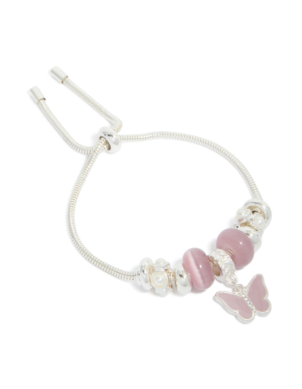 Silver Pink Bead & Butterfly Charm Toggle Bracelet
