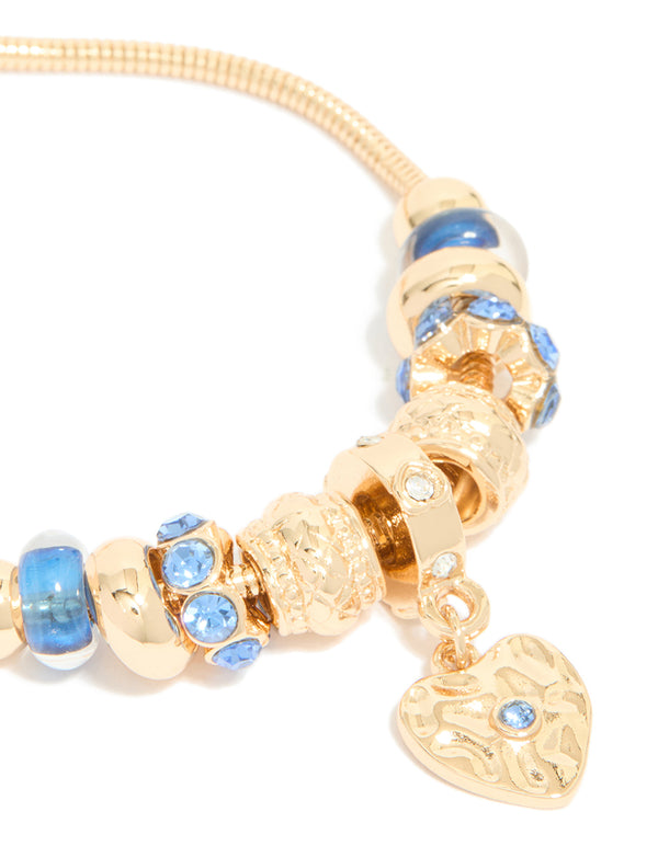 Gold Blue Diamante & Molten Heart Charm Toggle Bracelet
