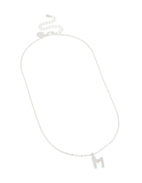 Silver Plated Thin Cubic Zirconia Letter M Necklace