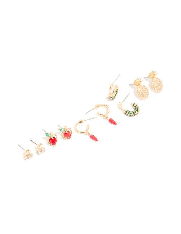 Showcasing gold diamante fruit earrings in a 5-pack featuring hoop and stud closures front view