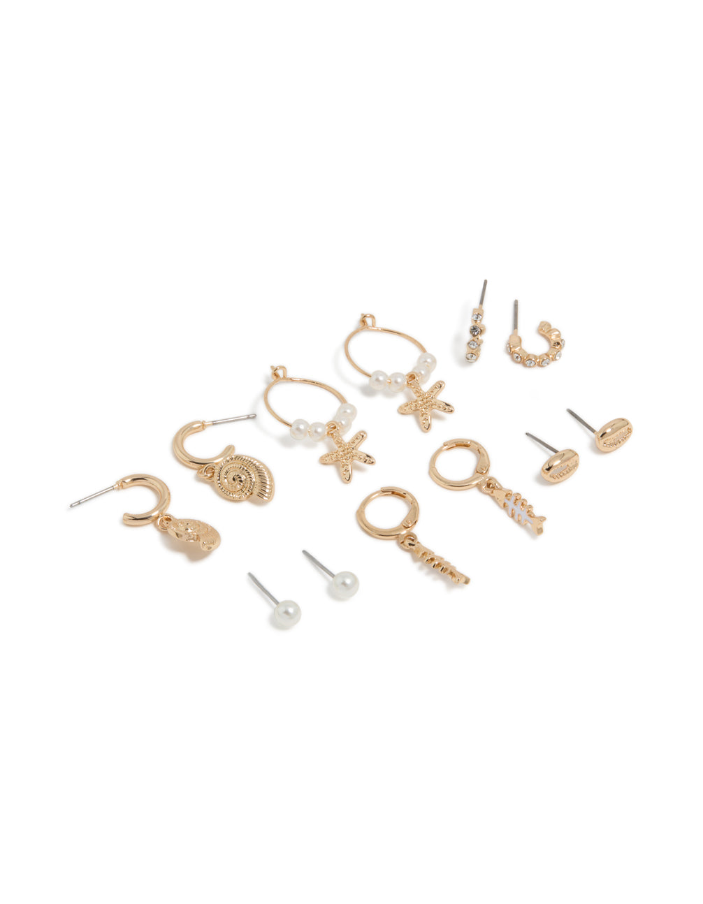 Beautifully crafted huggie earrings with ocean featuring pearls and shell details in gold front view