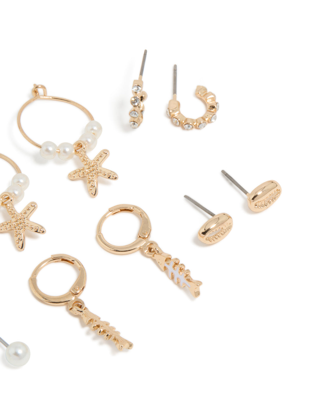 Stunning sea life huggie earrings 6-pack showcasing ocean with pearls, and shell accents in gold close up view