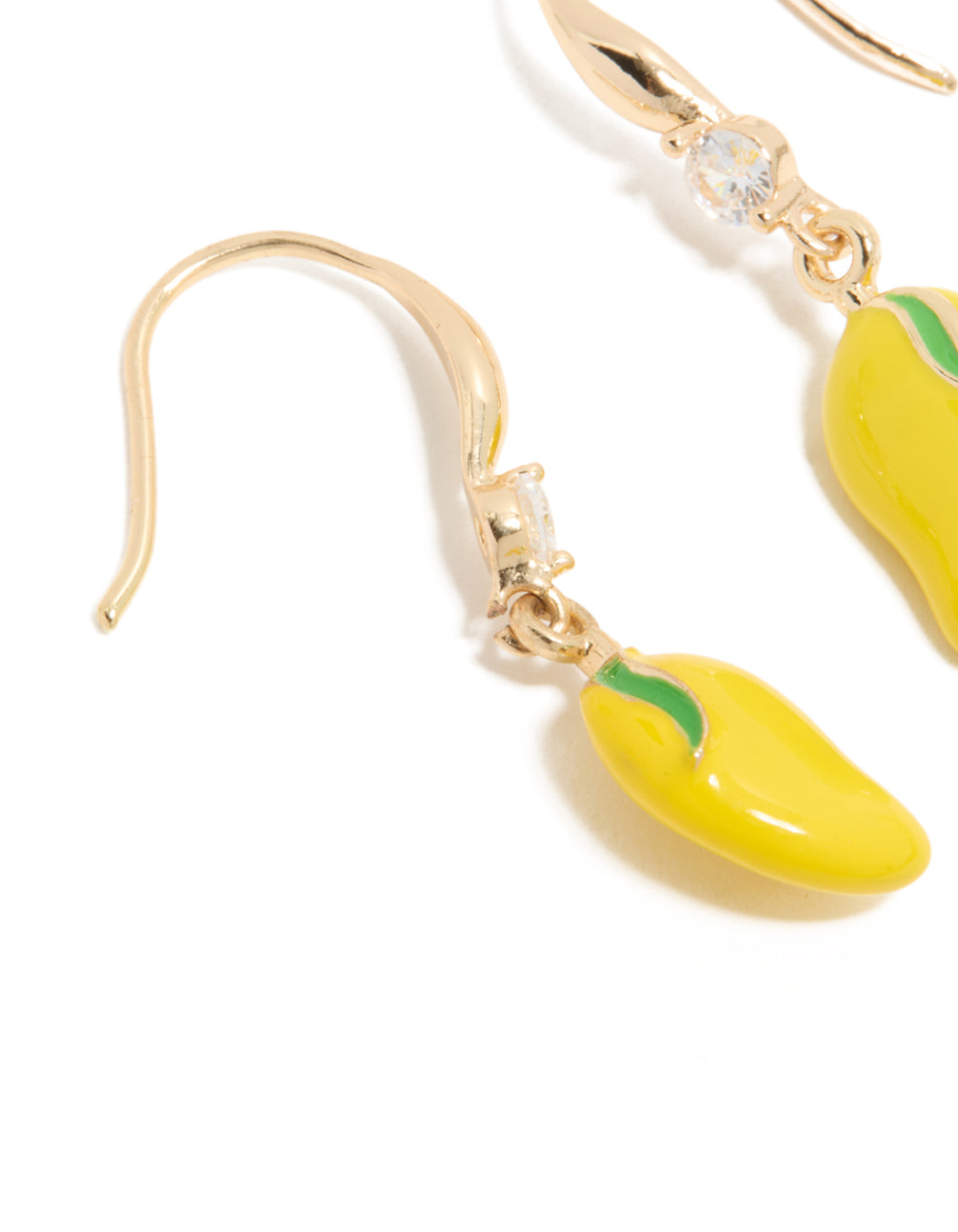 Showcasing gold lemon cubic zirconia hook earrings with statement fruit design in yellow and lime green close up view