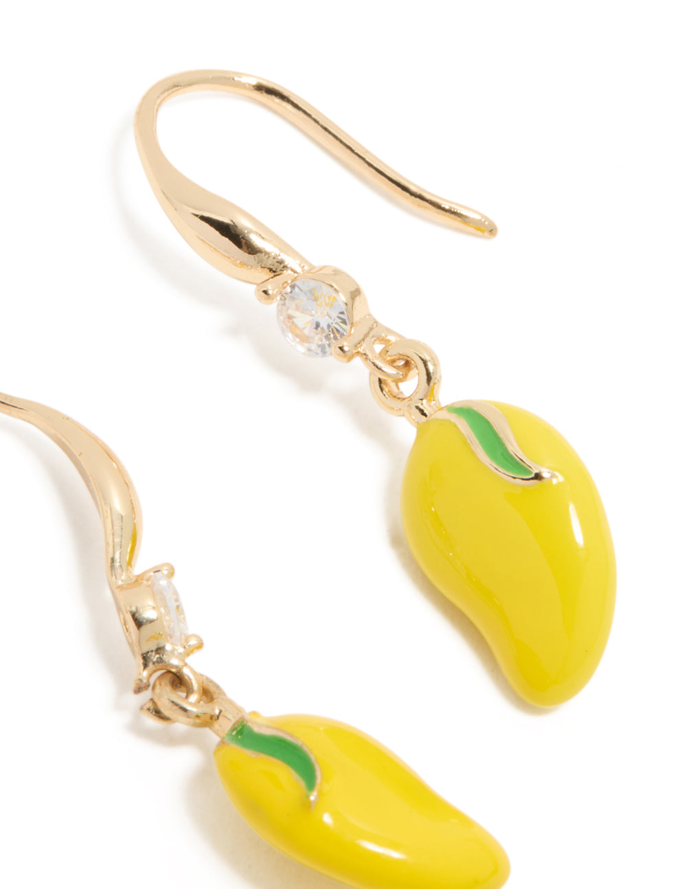 Crafted with gold lemon cubic zirconia hook earrings featuring statement fruit design in yellow and lime green post detail view