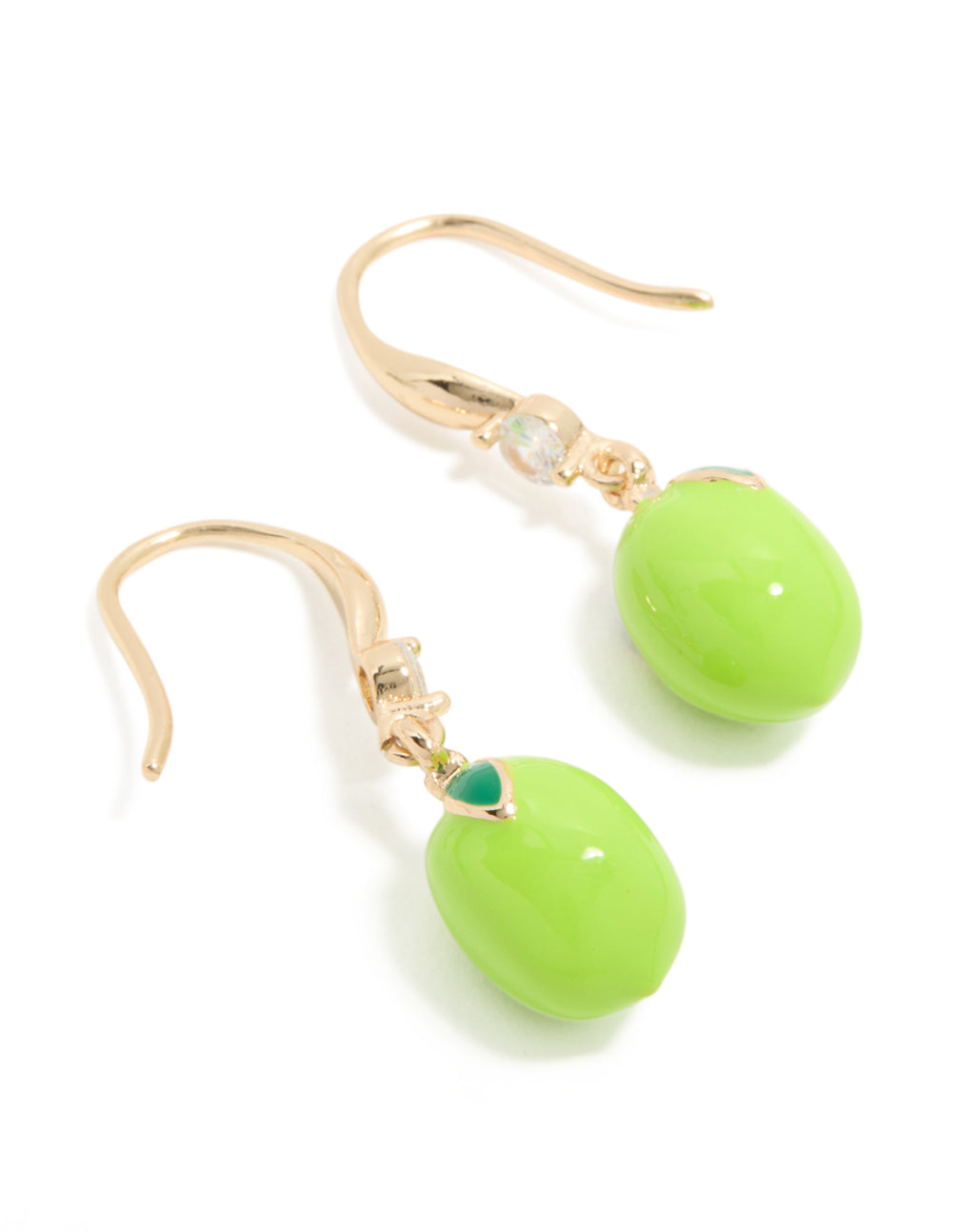 Showcasing gold lime cubic zirconia hook earrings featuring teal accents front view