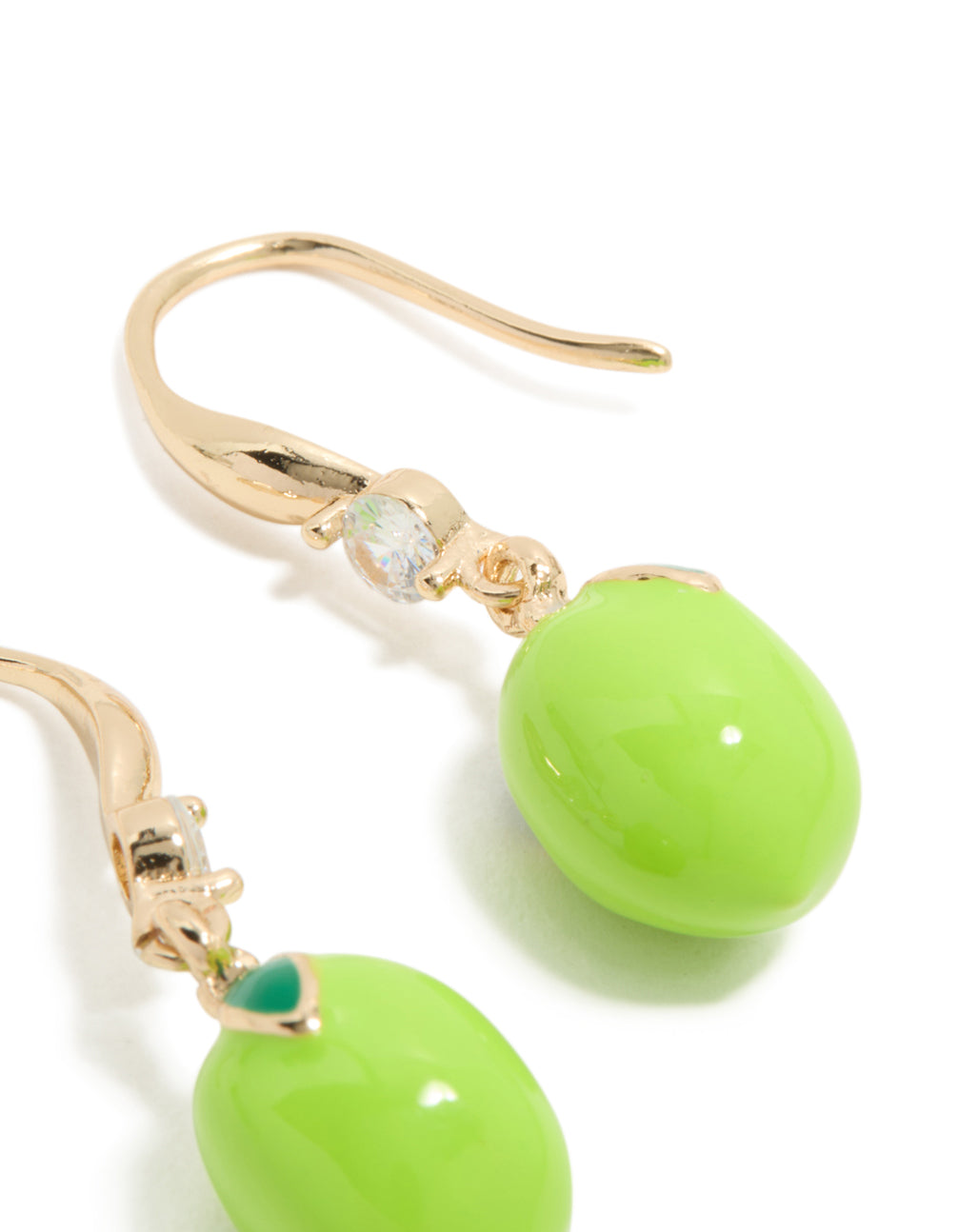 Crafted from gold with lime cubic zirconia and teal hook earrings post detail view