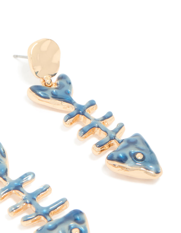 Gold Blue Fish Skeleton Drop Earrings