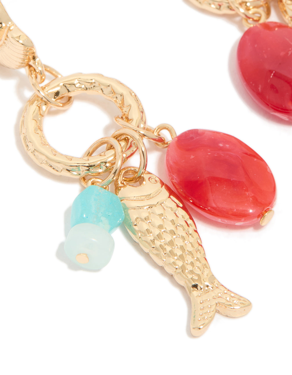 Showcasing gold red beaded and fish charm drop earrings with ocean details in coral and turquoise close up view