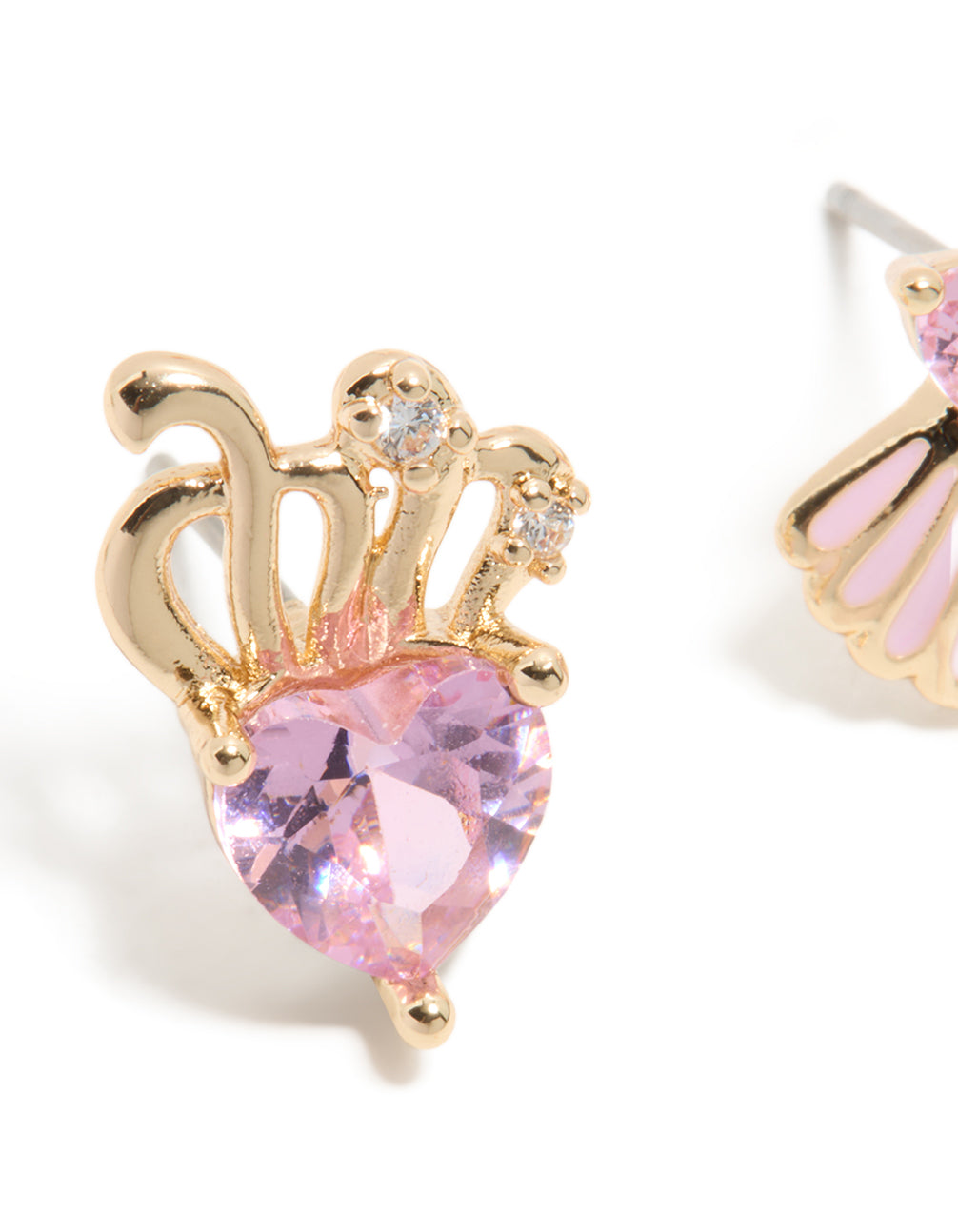 Beautifully crafted gold link pink cubic zirconia heart and shell stud earrings with ocean feature enamel in lavender close up view