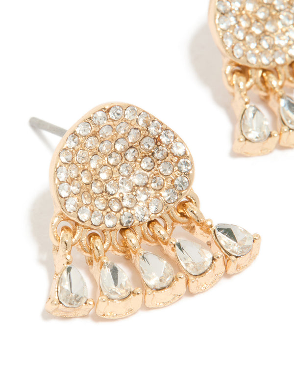 Featuring gold diamante jellyfish stud earrings with charm showcasing ocean-inspired in white ivory close up view