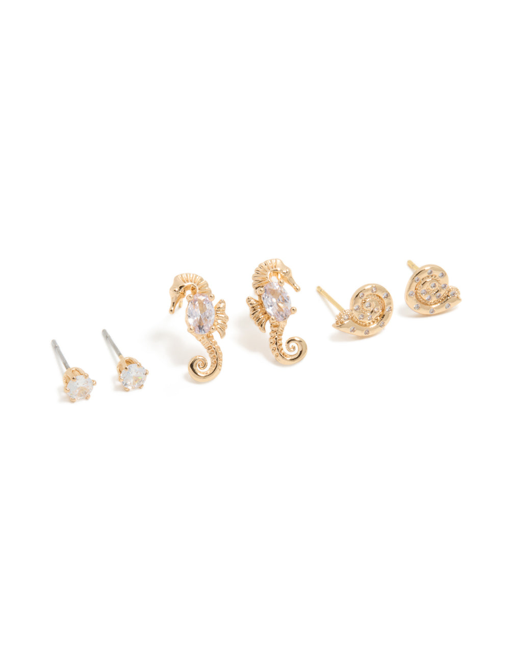 Showcasing gold diamante and seahorse stud earrings in a 3-pack featuring ocean inspired designs front view