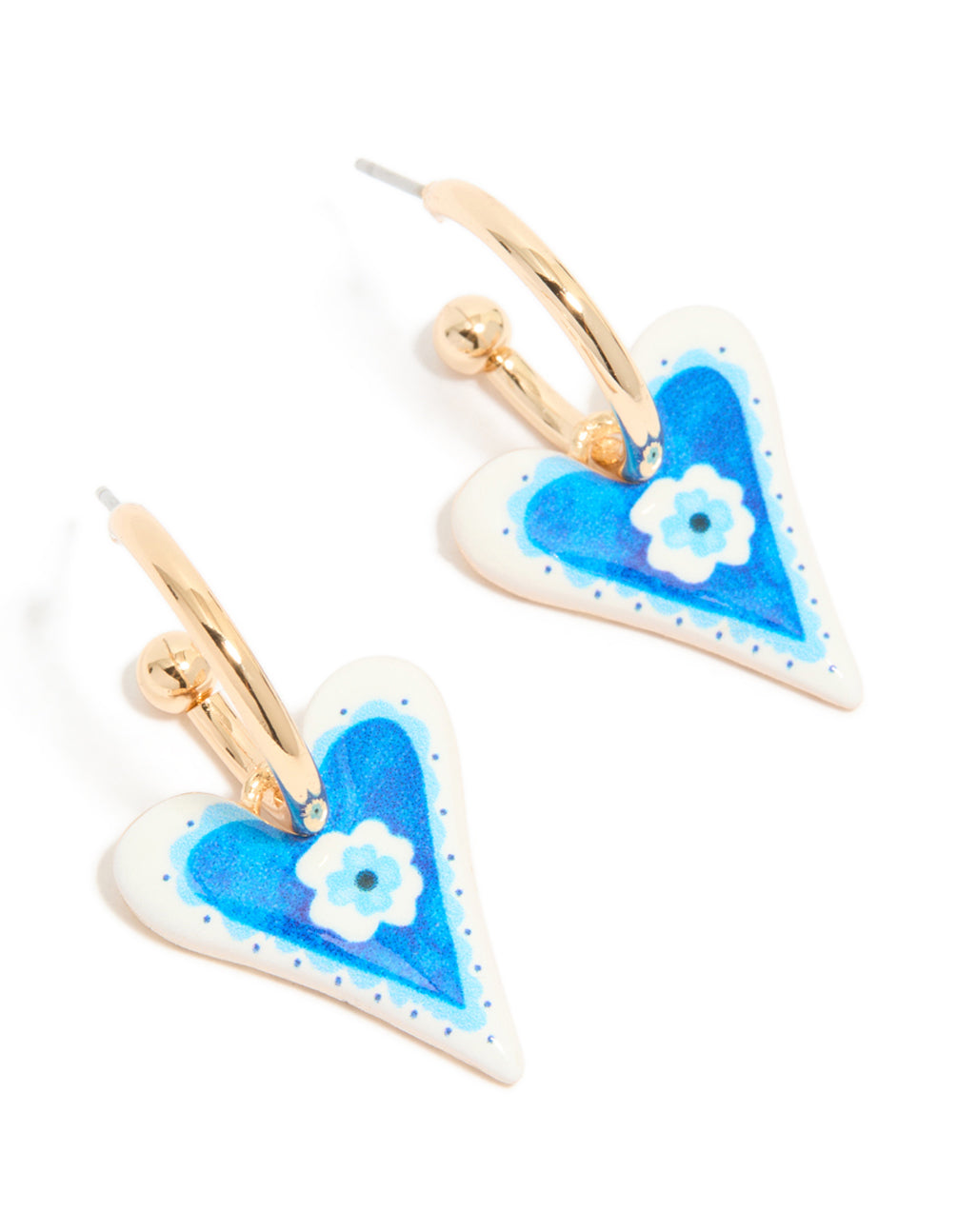 Gold Blue Heart With A Flower Inside Huggie Earrings