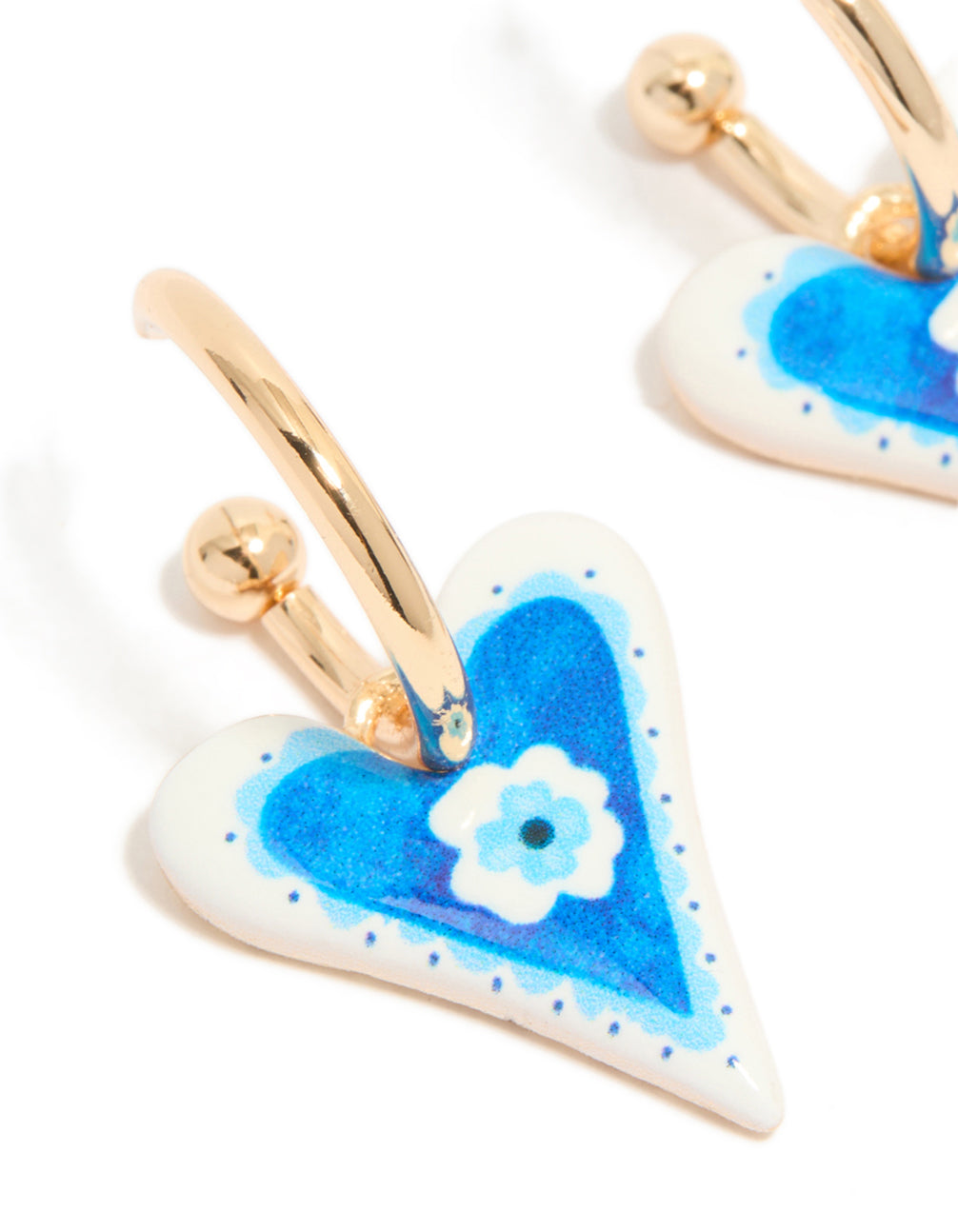 Gold Blue Heart With A Flower Inside Huggie Earrings