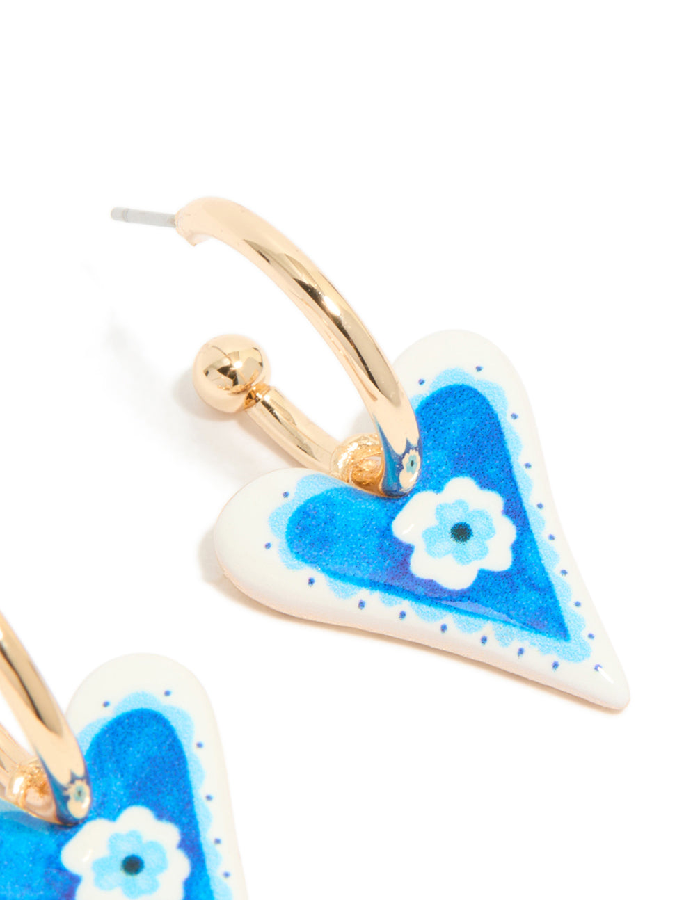 Gold Blue Heart With A Flower Inside Huggie Earrings