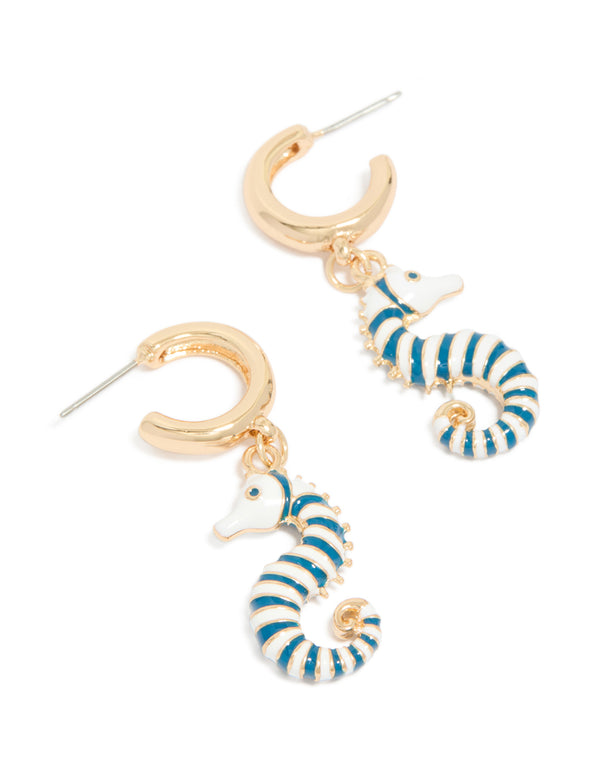 Gold Blue & White Seahorse Open Hoop Earrings