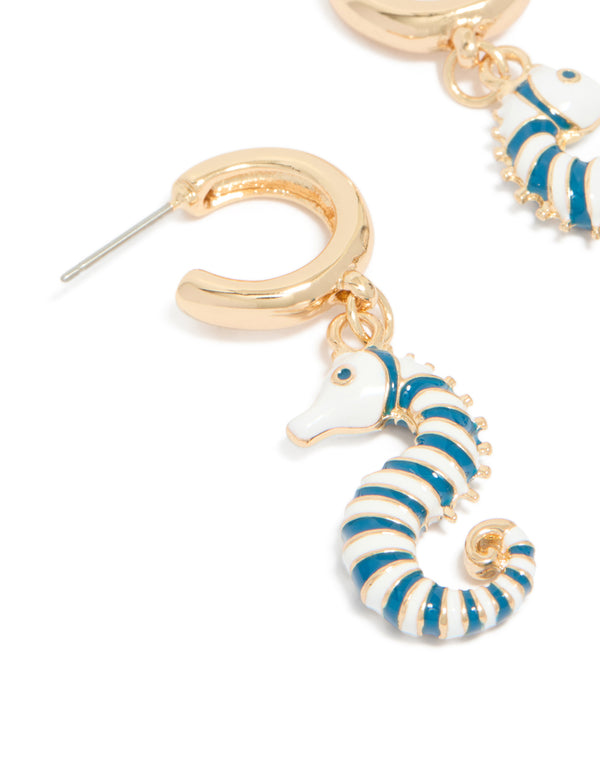 Gold Blue & White Seahorse Open Hoop Earrings