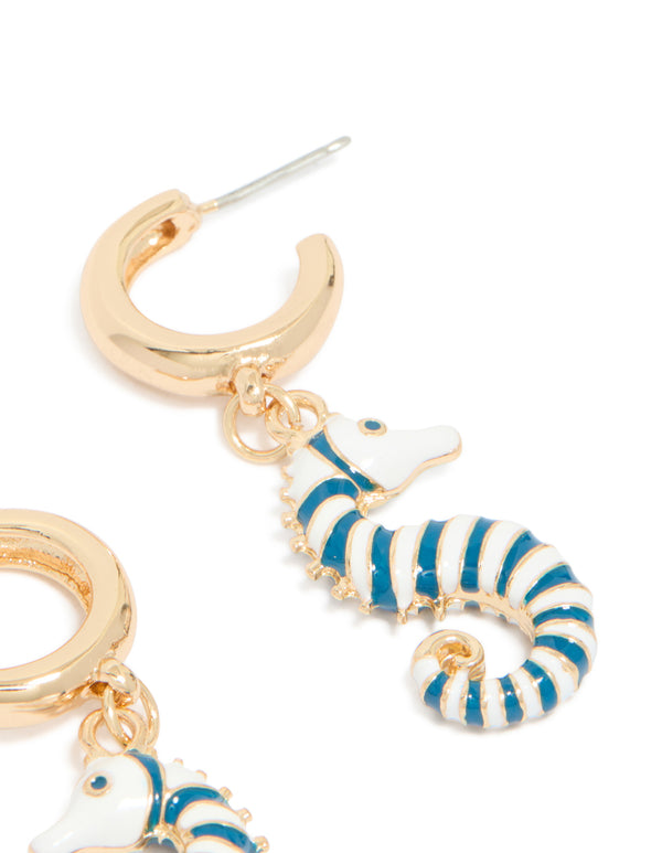 Gold Blue & White Seahorse Open Hoop Earrings