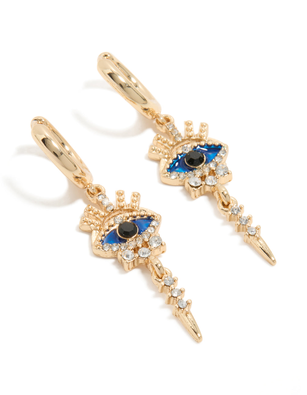 Showcasing gold diamante evil eye featuring huggie earrings with blue and black accents front view