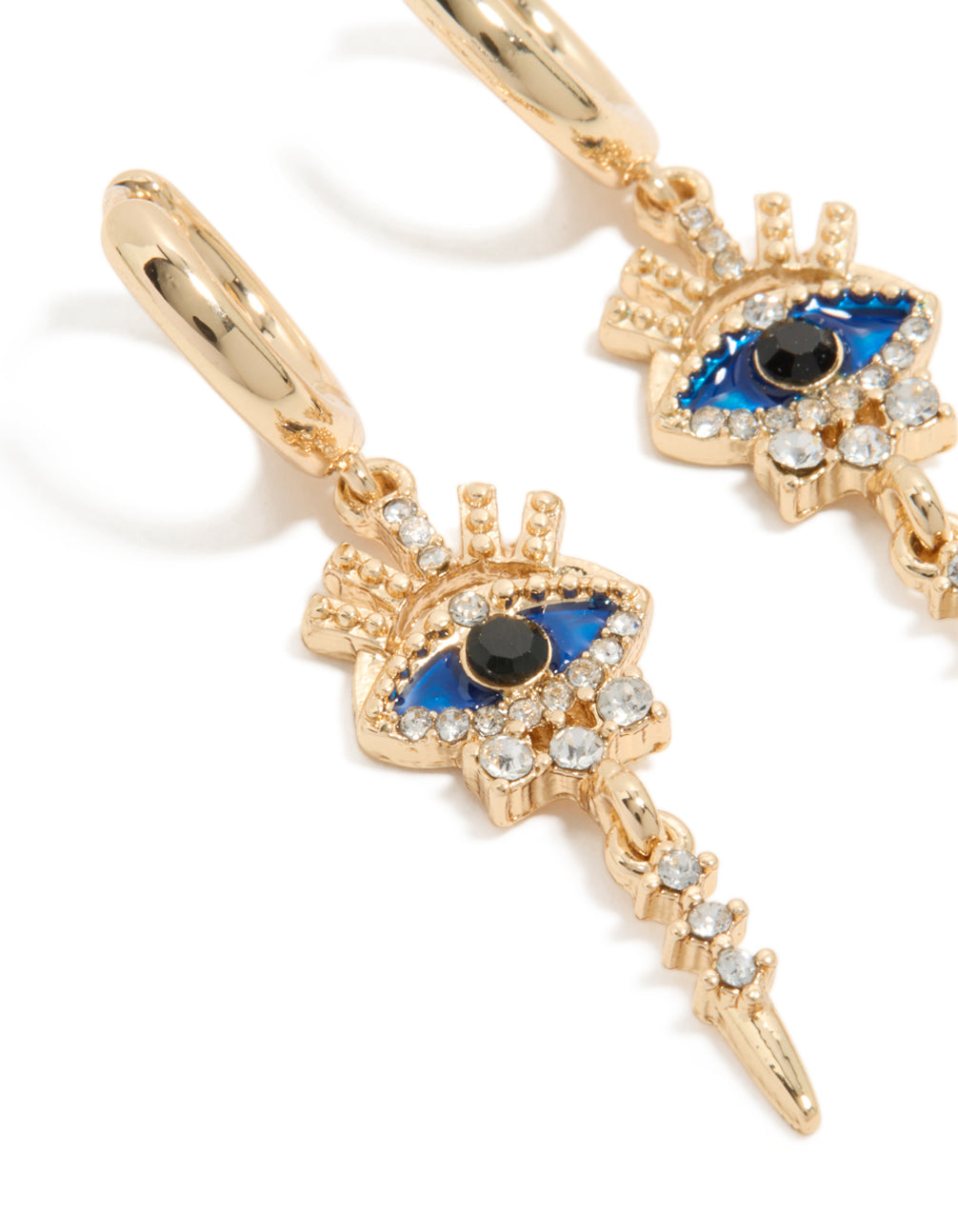 Featuring gold diamante evil eye huggie earrings in blue and black close up view