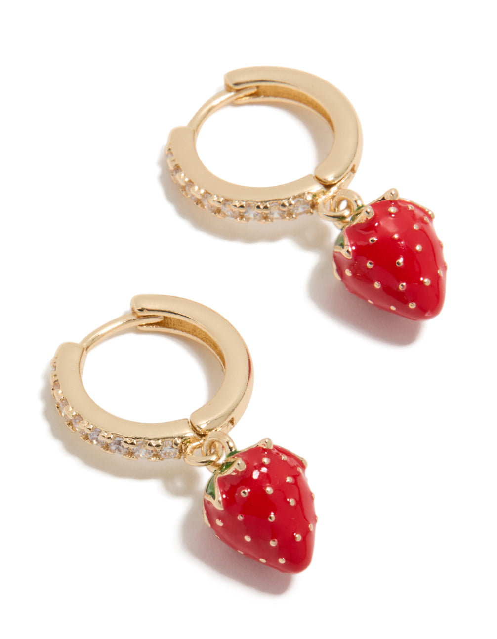 Showcasing gold cubic zirconia strawberry huggie earrings with fruit details in red, green, and white front view