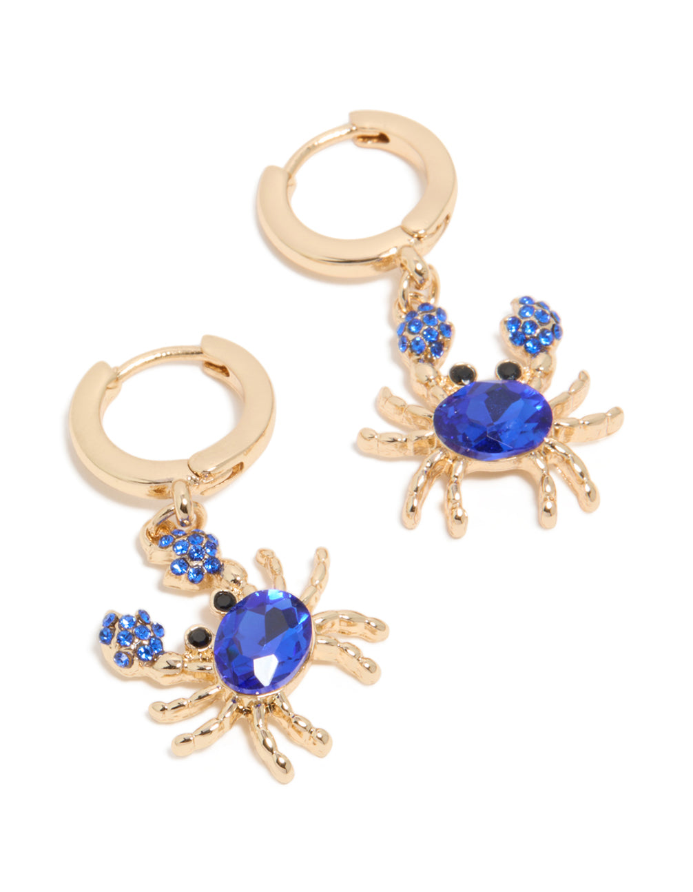 Featuring gold dark blue diamante crab huggie earrings closure and ocean inspired design front view