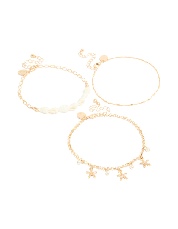 Gold Shell & Star Fish Anklets 3-Pack