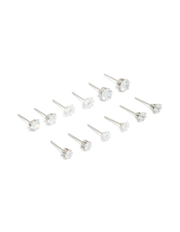 Showcasing waterproof stainless steel cubic zirconia essential stud earrings 6-pack with round stone cut and crystal in clear front view