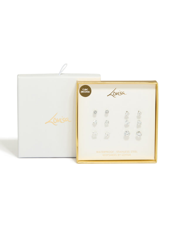 Waterproof Stainless Steel Cubic Zirconia Essential Stud Earrings 6-Pack