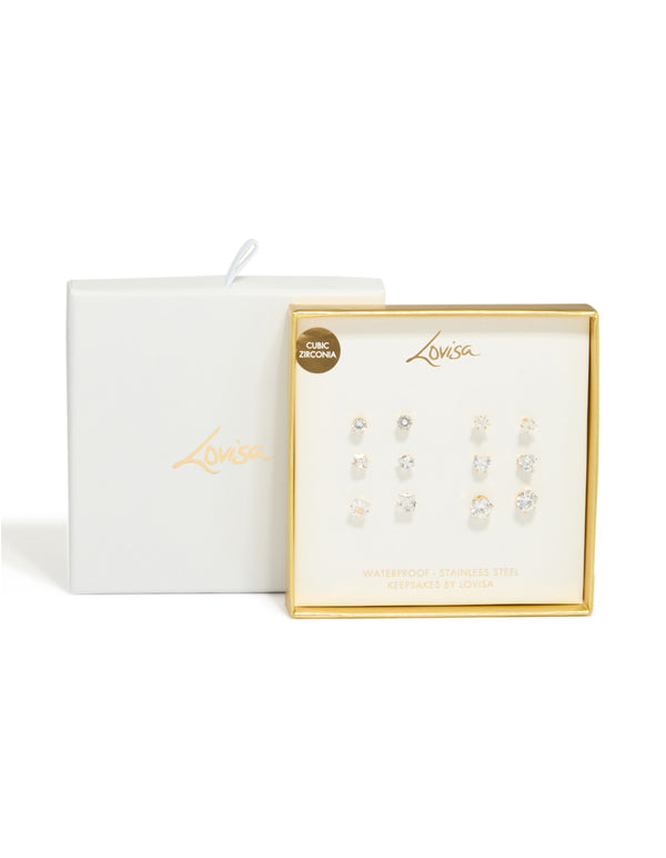 Featuring waterproof gold plated stainless steel cubic zirconia essential stud earrings 6-pack with round stone cut in white close up view