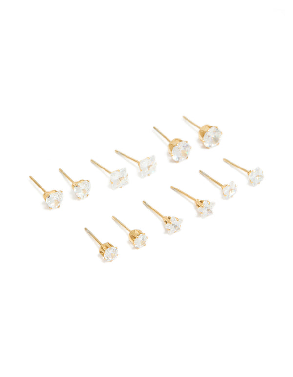 Showcasing waterproof gold plated stainless steel cubic zirconia essential stud earrings 6-pack with round stone cut in white front view