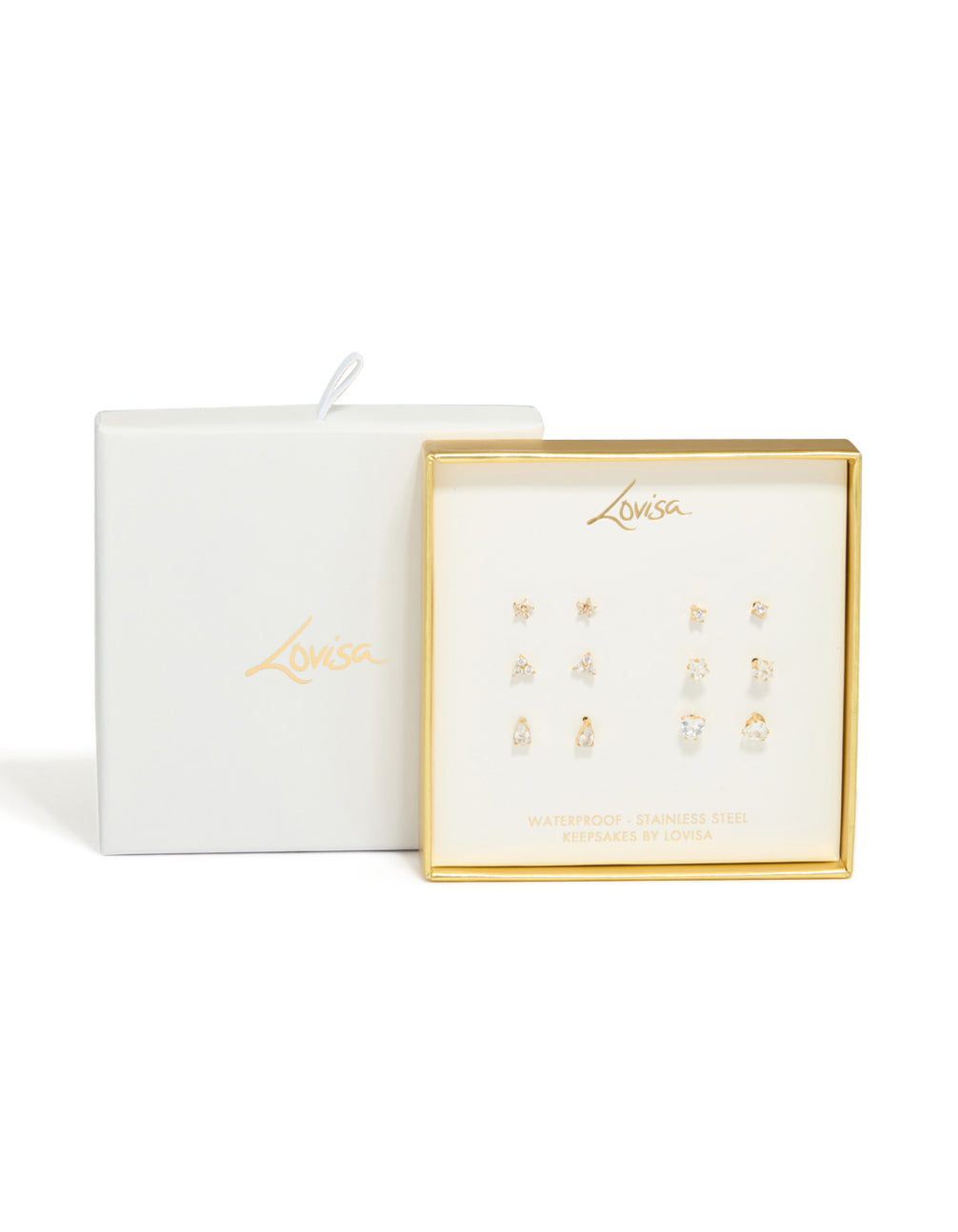 Showcasing dainty stud earrings crafted from waterproof stainless steel with cubic zirconia and star features in a 6-pack front view