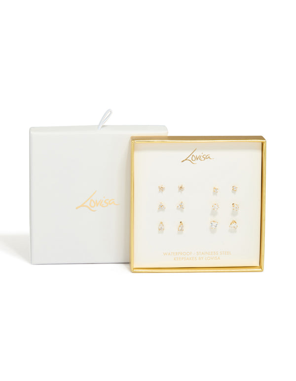 Waterproof Gold Plated Stainless Steel Cubic Zirconia Stud Earrings 6-Pack