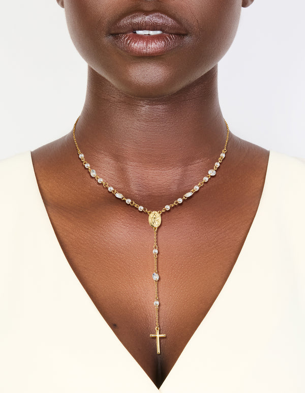 Gold Plated Cubic Zirconia & Pearl Rosary Necklace