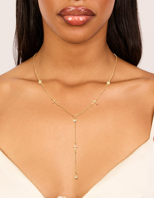 Gold Plated Cubic Zirconia Bezel Set Cross Rosary Necklace