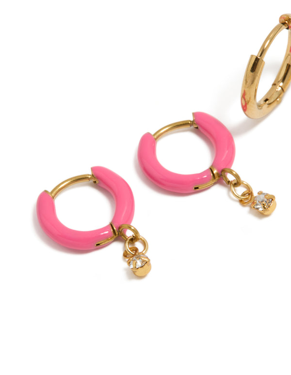 Waterproof Gold Plated Stainless Steel Pink Enamel & Cubic Zirconia Huggie Earrings 2-Pack