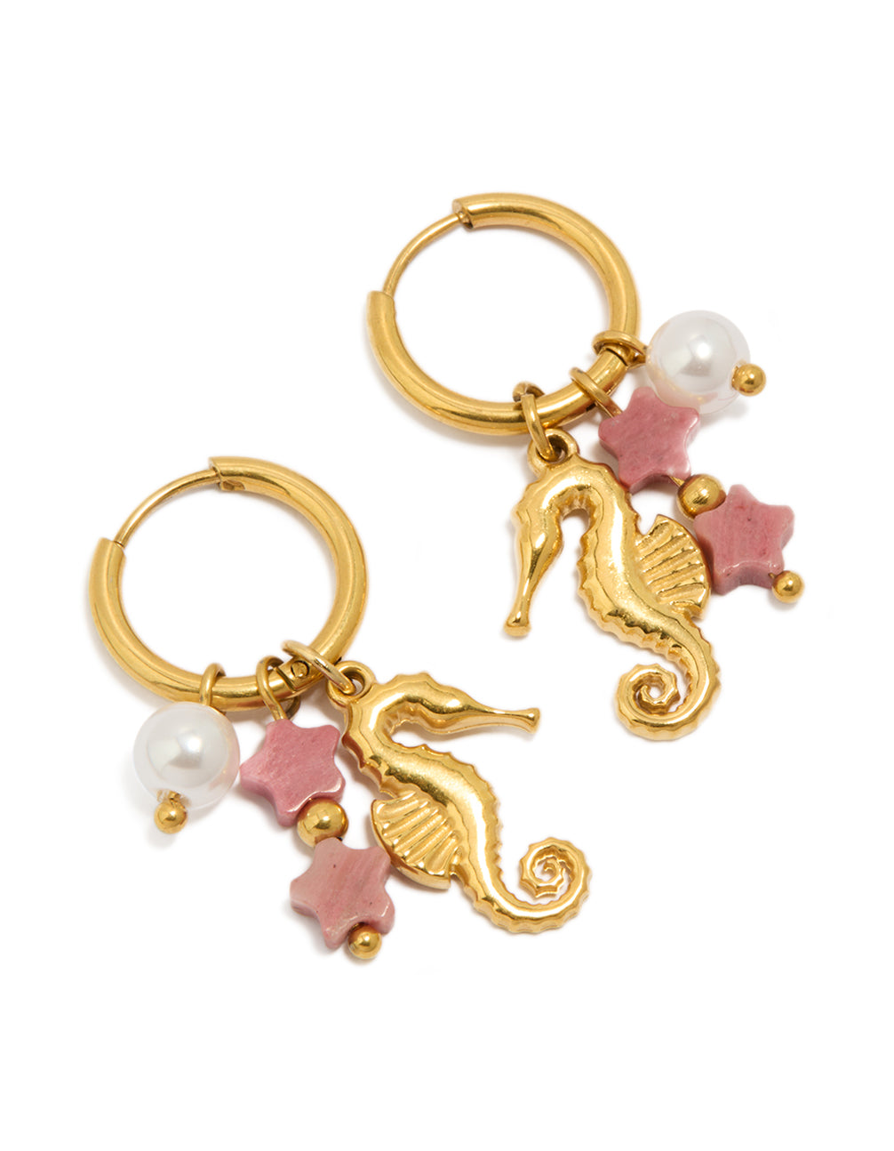 Introducing waterproof gold plated stainless steel seahorse pearl charm huggie earrings featuring ocean accents in pink and white front view