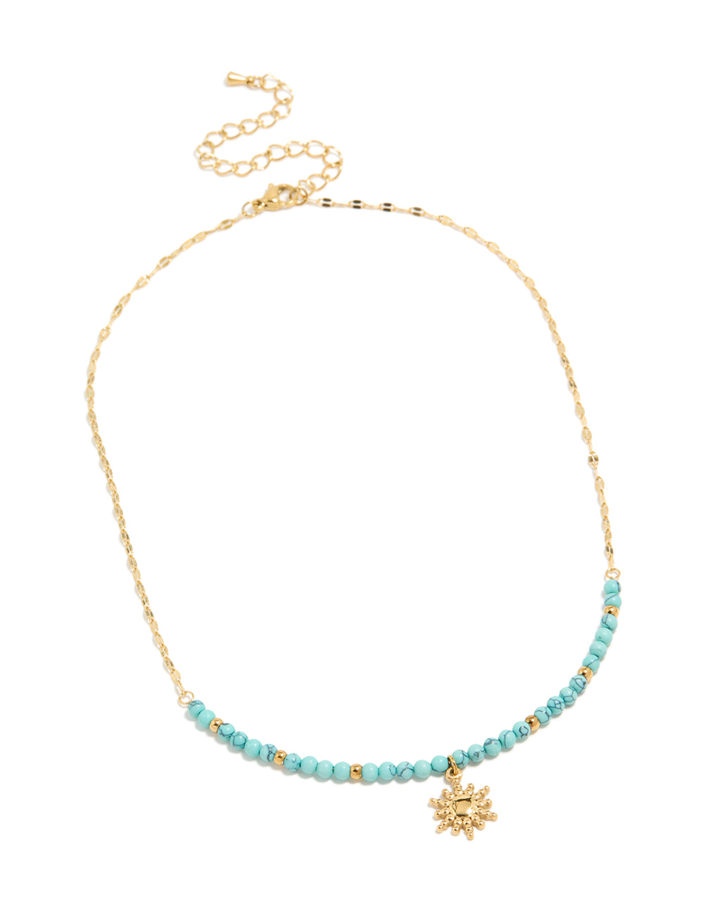 Designed with waterproof gold plated stainless steel, turquoise semi precious stone sunburst pendant necklace featuring beads and celestial in gold front view