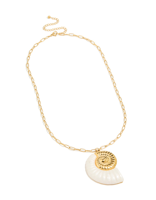 Presenting a waterproof gold plated stainless steel oversized shell pendant necklace in ivory detail front view