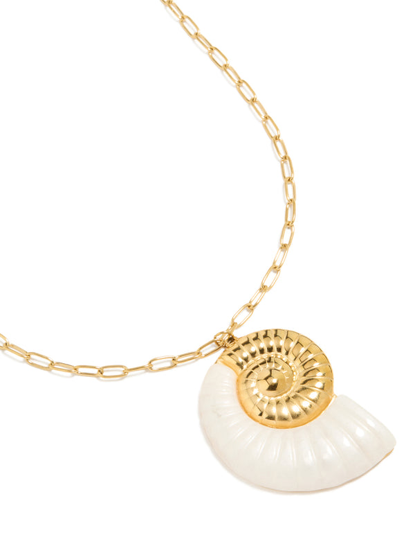Showcasing a waterproof oversized shell pendant necklace in gold plated stainless steel in ivory accent close up view