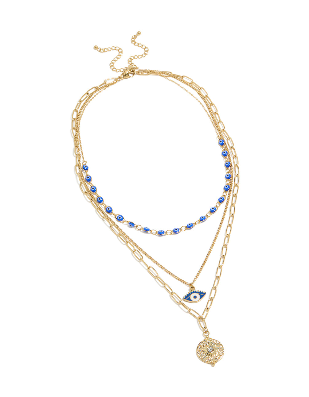 Elegant waterproof gold plated stainless steel evil eye necklaces 3-pack with beads celestial sun pendant enamel in blue and white front view
