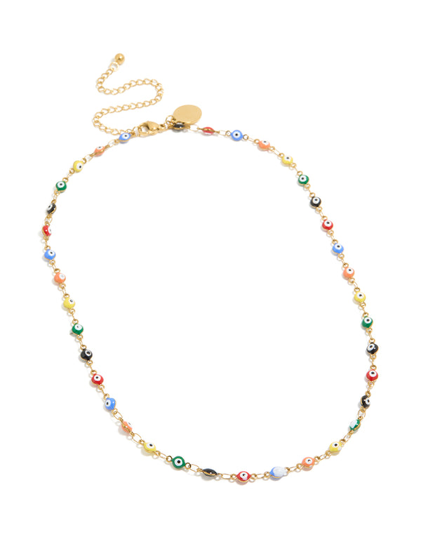 Waterproof Gold Plated Stainless Steel Multicoloured Evil Eye Charms Necklace